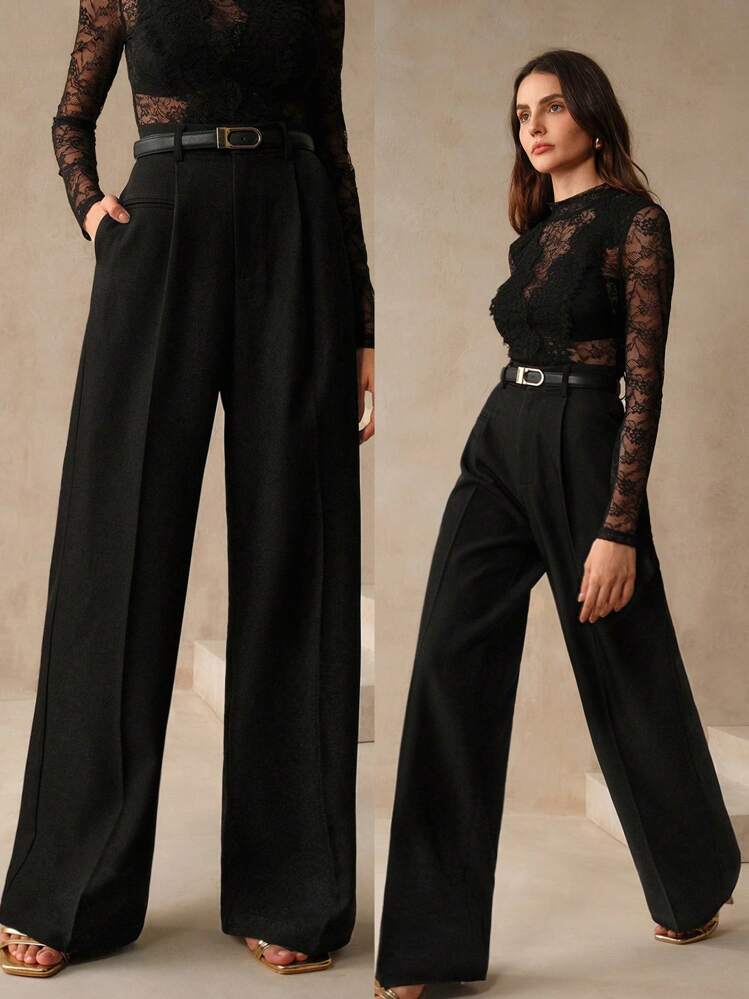 Anewsta Petite Pantalones rectos de cintura alta con bolsillos, elegantes, formales, para fiesta, chic, para el trabajo - Negro - Añade 1