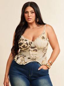 SHEIN BAE Plus Size Women Floral Ruched Cami Top,Graduation, Mother's Day Gift,Y2k,Night Out - Apricot - View 9