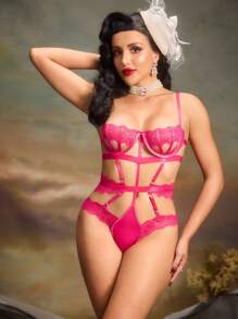 SHEIN Women's Lace Hollow Out Sexy Lingerie Bodysuit - Hot Pink - View 3