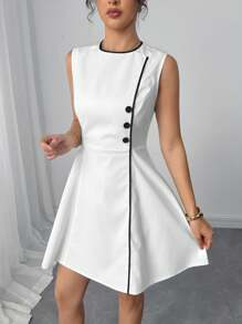 SHEIN Clasi Contrast Color Round Neck Sleeveless Slim Fit Short Mini Dress For Women Teacher Outfits For Women Back To School Clothes Teacher  Dresses For Women Elegant  White Dresses Classy Elegant Business Casual Woman Office Outfits For Women Teacher Work Clothes Women Teacher Outfits Business Casual Outfits Women Business Professional Women Work Dresses For Women - Multicolor - View 1