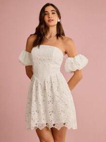 Enchnt Summer Romantic Women's White Exquisite Hollow Floral Embroidered Lace Off Shoulder Puff Sleeves Cute Princess Mini Dress,Sweet&Elegant For Vacation&Date&Holiday&Birthday&Party&Graduation&Wedding Guest&Beach,Prom Dress,Summer Dresses For Women,Sun Dresses For Women,Summer Clothes,Summer Outfits For Women,Elegant Dresses For Party, - White - View 3