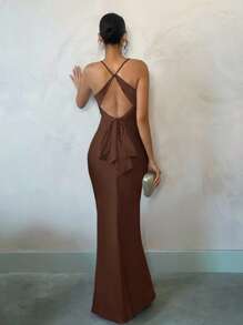 SHEIN BAE Elegantes apricotfarbenes, glattes Satin-Maxikleid mit offenem Rücken und Schleife, ideal für den Sommer, den Strand-Urlaub, tägliche Dating, Nachtausgänge, Nachtclubs, Partys, Galas, Cocktail-Partys, Pool-Partys, Urlaubskleider