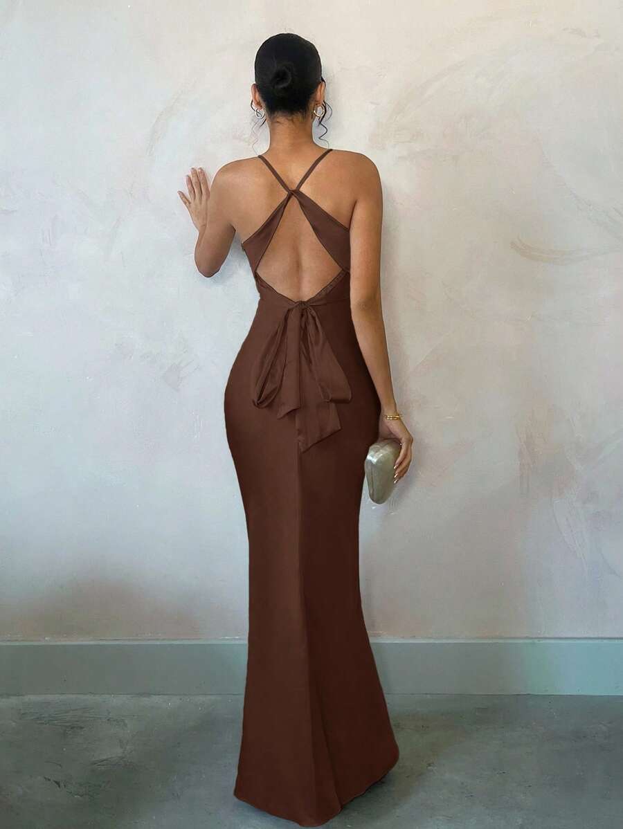 SHEIN BAE Elegantes apricotfarbenes, glattes Satin-Maxikleid mit offenem Rücken und Schleife, ideal für den Sommer, den Strand-Urlaub, tägliche Dating, Nachtausgänge, Nachtclubs, Partys, Galas, Cocktail-Partys, Pool-Partys, Urlaubskleider