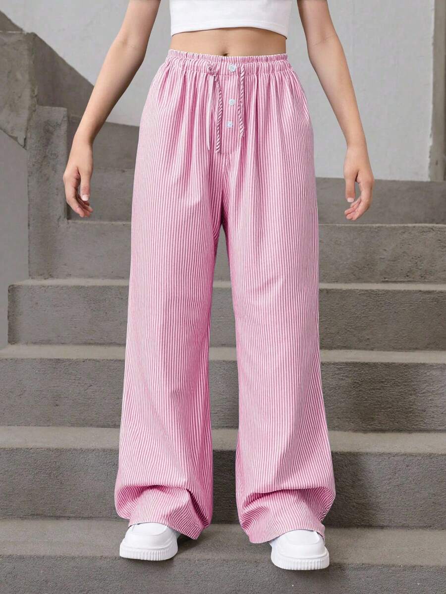 Pantalones anchos versátiles de cintura media, cómodos y minimalistas con decoración de botones para niñas preadolescentes