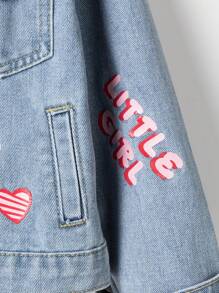 Giacca di jeans per ragazze, giacca casual alla moda di tutti i giorni per esterni con fiocco floreale, design a cuore e lettera, con colletto a bavero, maniche lunghe in denim