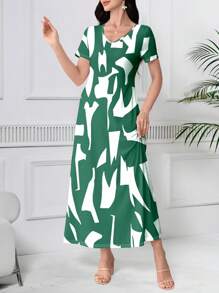 Modelyn Vestido casual de verano para mujer con cuello en V y estampado geométrico de manga corta - Blanco - Ver 5