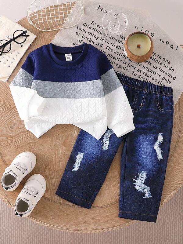 SHEIN Conjunto infantil para meninos, primavera/outono, azul, branco e cinza, com gola redonda, manga comprida e calça jeans, silhueta ativa e divertida. Adequado para passeios, uso casual e festas, mantém a criança na moda em qualquer ambiente.