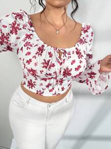 Elenzga Elegantes Ditsy Blumen Figurbetontes Crop Top mit Puffärmeln - Rot - Übersicht 6