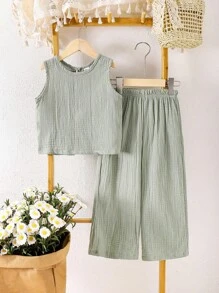 SHEIN Vintaside Kids 小女孩纯绿色背心和裤子套装，蝴蝶结设计，夏季服装 - 綠色 - 查看 2