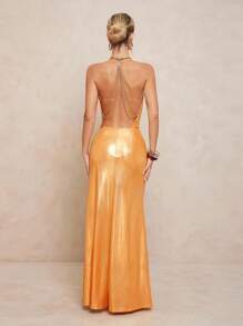 Lumalex 不对称腰部褶饰金属链细节超长女式连衣裙 - 金色 - 查看 6