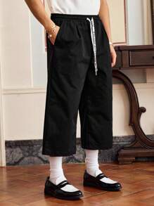 SWAVVY Men's Casual Loose Straight-Leg Capri Pants, Fashionable Everyday Wear - Black - View 4