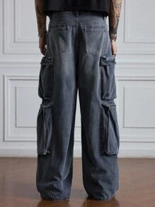 ROMWE MEN Grunge Punk Pantalones vaqueros de carga de talla grande para hombre en estilo casual lavado y suelto