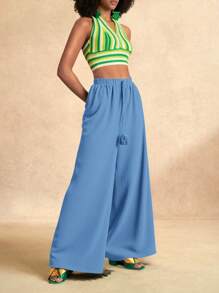 Zivah 女士休闲全长几何图案绿色裤子，适合音乐节和度假 - 藍色 - 查看 4