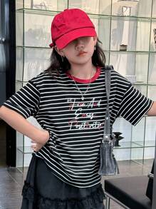 Dazy Kids Tween-Mädchen Kurzarm-T-Shirt mit Rundhalsausschnitt und Streifenmuster, Sommer