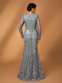 Serin Váy dạ hội đuôi cá ren sequin cổ chữ V sang trọng thanh lịch, phù hợp cho đám cưới, tiệc tùng, vũ hội, dạ hội, phù dâu hoặc mẹ cô dâu - Xám - Xem 2