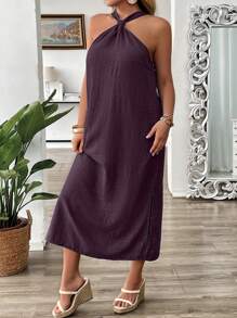 Breezaya Đầm không tay in họa tiết denim cỡ lớn cho nữ - Màu tím hoa cà - Xem 4