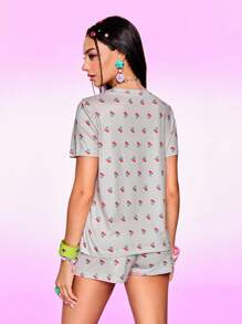 Notgurli 2PCS Women's Casual Cherry Print Pajama Set Sleepwear Nightwear - Grey - View 2