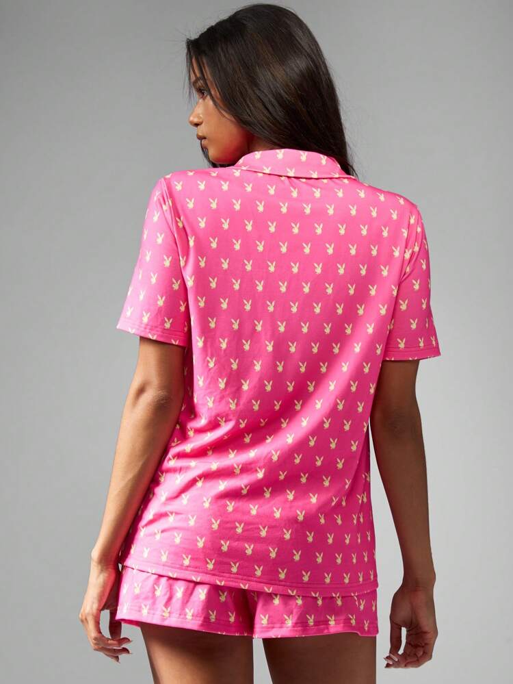 Missguided x Playboy Christmas Bunny Print Short Sleeve Button Down Pajama Set With Shorts