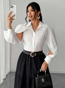 SHEIN Unity Áo sơ mi tay dài cài nút màu trắng đơn giản cỡ lớn dành cho nữ - trắng - Xem 4