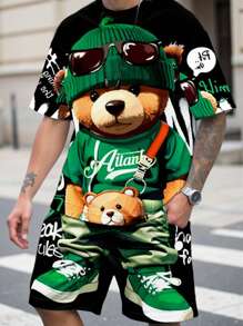 Manfinity Homme Men's Cool Cartoon Teddy Bear Pattern T-Shirt And Shorts Casual Set - Black - View 1