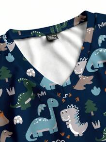 PopScrub Casual Minimalist Cartoon Dinosaur Print Scrub Top - Multicolor - View 4