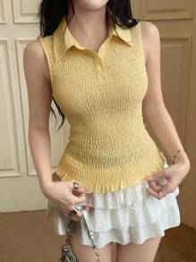 INAWLY ملابس علوية نسائية كاجوال لون أحادي بياقة مستديرة، رشيقة القصة، للصيف - أصفر - مشاهدة 6