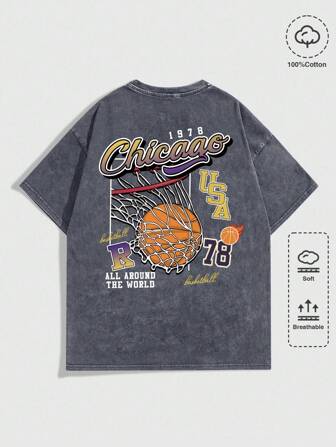 Prep T-shirt basket imprimé lavé décontracté pour hommes, été