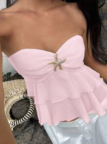 MainGRL Summer Casual Vacation Ruched Chest Metal Ornament Decor Tube Top