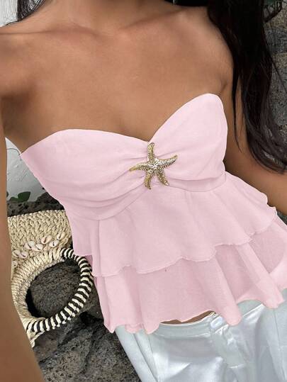 MainGRL Summer Casual Vacation Ruched Chest Metal Ornament Decor Tube Top