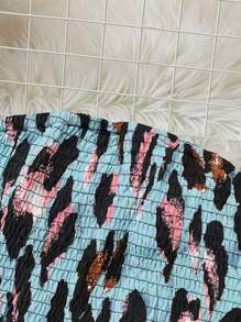 SHEIN Clasi 女式度假休闲豹纹连体裤，带褶皱设计 - 薄荷藍 - 查看 3