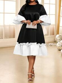 SHEIN Lady Plus Mùa Xuân Và Mùa Hè Thường Ngày Thanh Lịch Boho Thanh Lịch Trắng Và Đen Cổ Tròn Tay Cánh Hoa - Đen và trắng - Xem 7