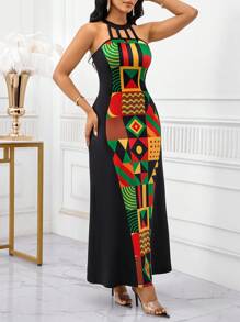 SHEIN Lady Đầm Maxi Cổ Chữ V In Hình Chắp Vá Geo Cho Nữ, Dáng Ôm, Eo Thon Gọn, Viền Phồng - Nhiều màu - Xem 5