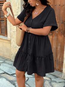 EMERY ROSE Plus Size V-Neck Textured Fabric Raglan Short Sleeve A-Line Ruffle Hem Casual Vacation Commute Party Dress - Black - View 5