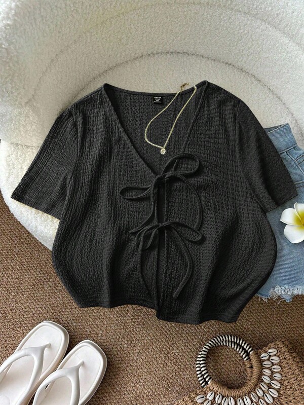 SHEIN LUNE Plus Size Women Summer Casual Solid Color Textured V-Neck Front Knot Blouse Tie Front Blouse Tie Up Top Black Summer Top Women Summer Blouse Top Black Tie Front Top,Teacher Outfits For Women