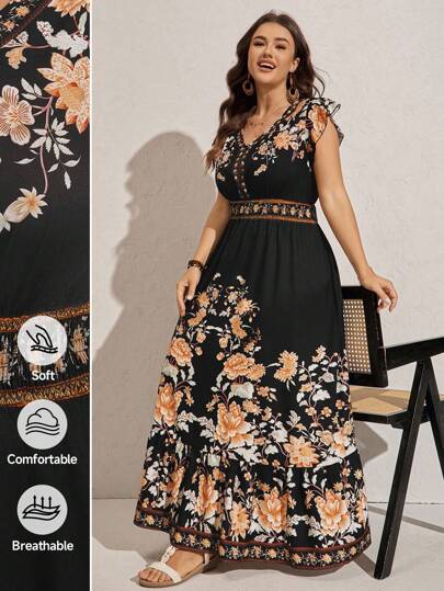 Enliva 加大码女式花卉印花休闲节日荷叶边袖连衣裙海滩装女士婚礼宾客连衣裙