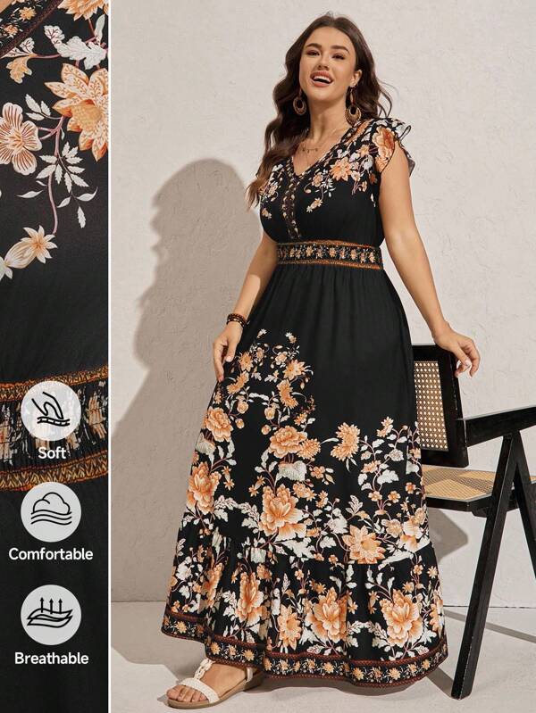 Comfylo Vestido casual con estampado floral, manga con volantes, para vacaciones, para mujer de talla grande, vestido de invitada de boda