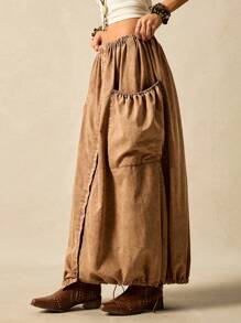 Easelle 2025 Summer Washed Denim Skirt Four Button Nomadic Retro Festival Outdoor Distressed Denim Skirt Washed Orange Washed Distressed Button Skirt Retro - Brown - View 6