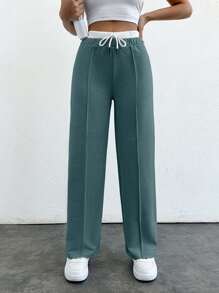 SHEIN PETITE Pantalones rectos de cintura con contraste de color versátil informal