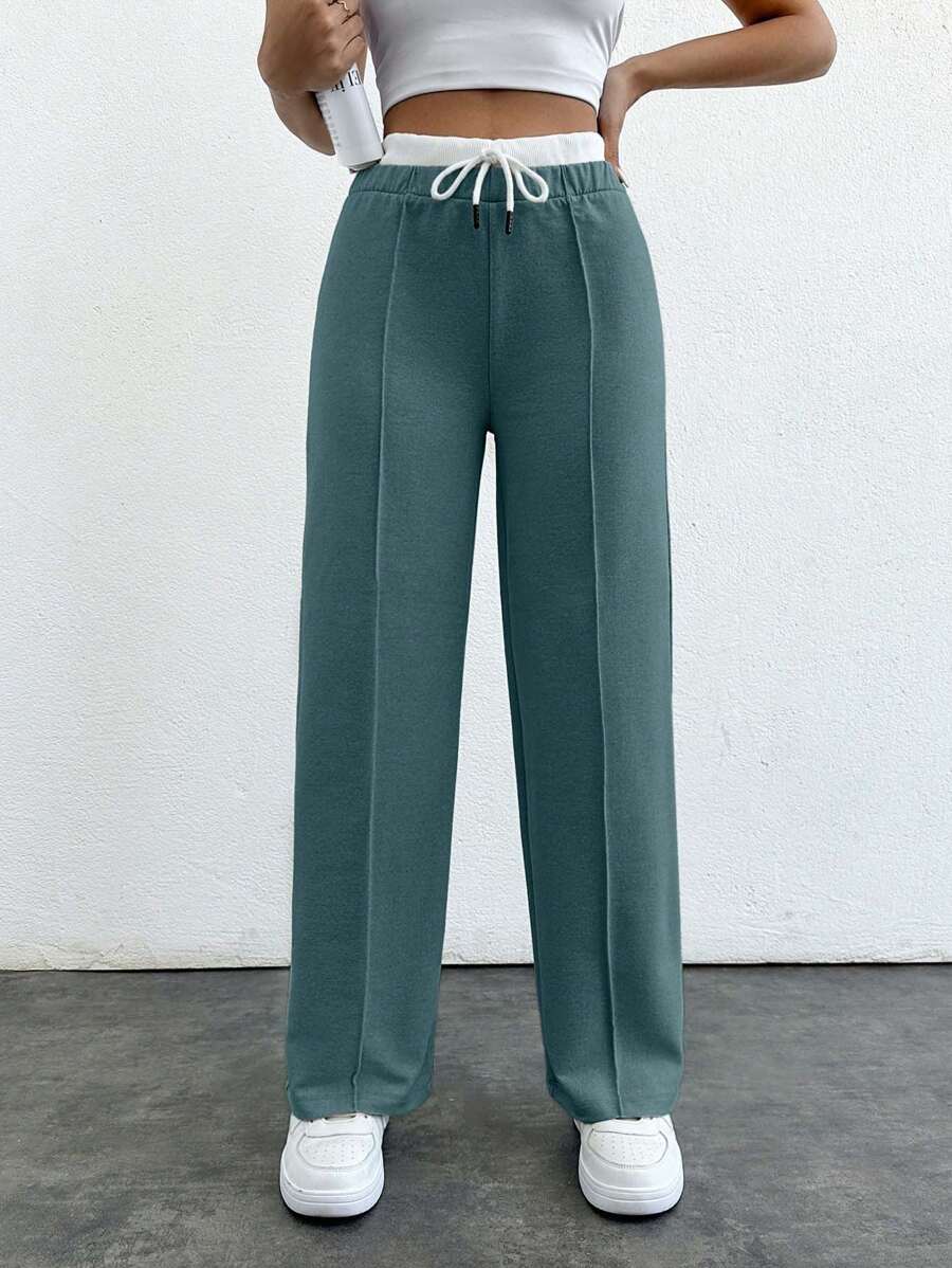 SHEIN PETITE Pantalones rectos de cintura con contraste de color versátil informal