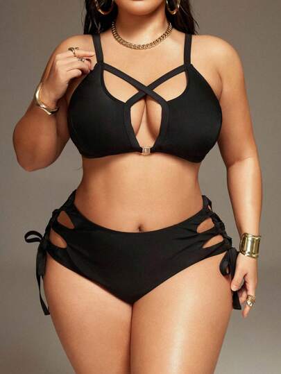 Swim SXY 大码女式夏季沙滩纯色吊带镂空性感比基尼套装