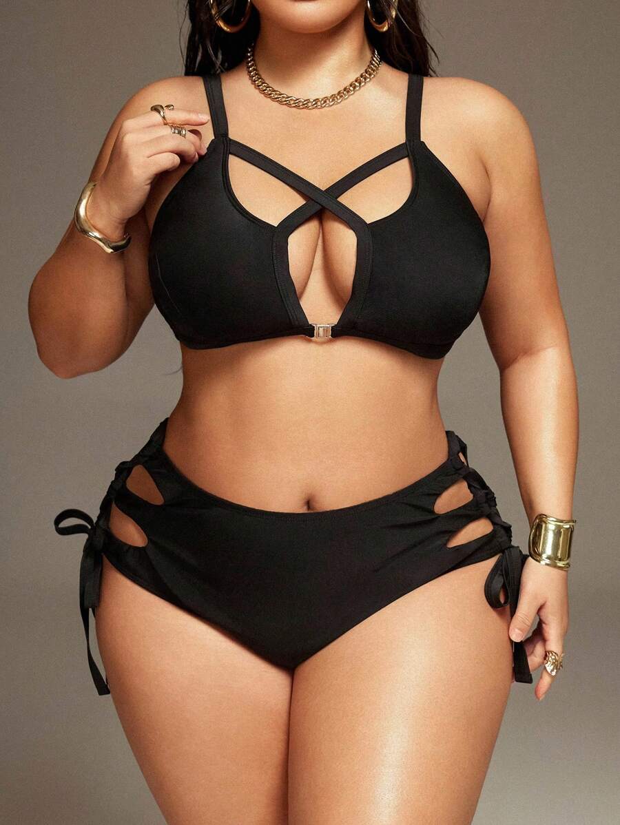 Swim SXY 大码女式夏季沙滩纯色吊带镂空性感比基尼套装 - 黑色 - 查看 1