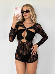 SHEIN ICON 性感Y2K辣妹不对称镂空蕾丝拼接黑色紧身连体裤 - 黑色 - 查看 1