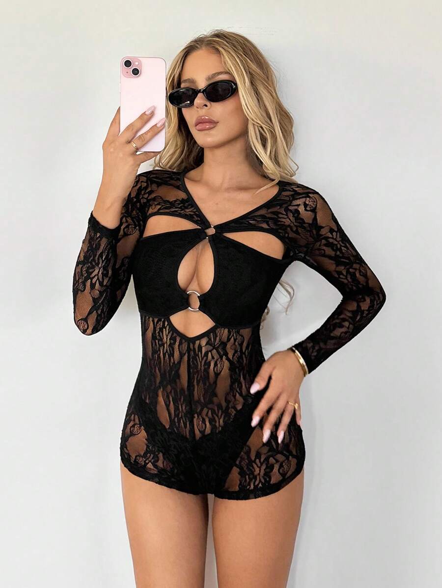 SHEIN ICON 性感Y2K辣妹不对称镂空蕾丝拼接黑色紧身连体裤 - 黑色 - 查看 1