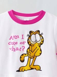 Maija Kids GARFIELD | SHEIN Maija Kids Young Girls Cartoon Cat Printed Round Neck Short Sleeve T-Shirt And Pleated Skirt 2pcs Set,Summer School Light Pink Kids Clothing Outfits - Pink - View 6
