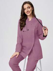 Scrubzie 2pc Set Women Scrub Uniform Shirt With Stand Collar & Long Sleeves, Wrinkle Resistant + Pants - Pink - View 6
