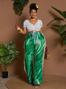 Maweii بنطلون مصنوع من صوف مرن مطبوع بنقش شامل، مزخرف بأشرطة جانبية أنيق وجذاب للمقاسات الكبيرة - متعدد الألوان - مشاهدة 5