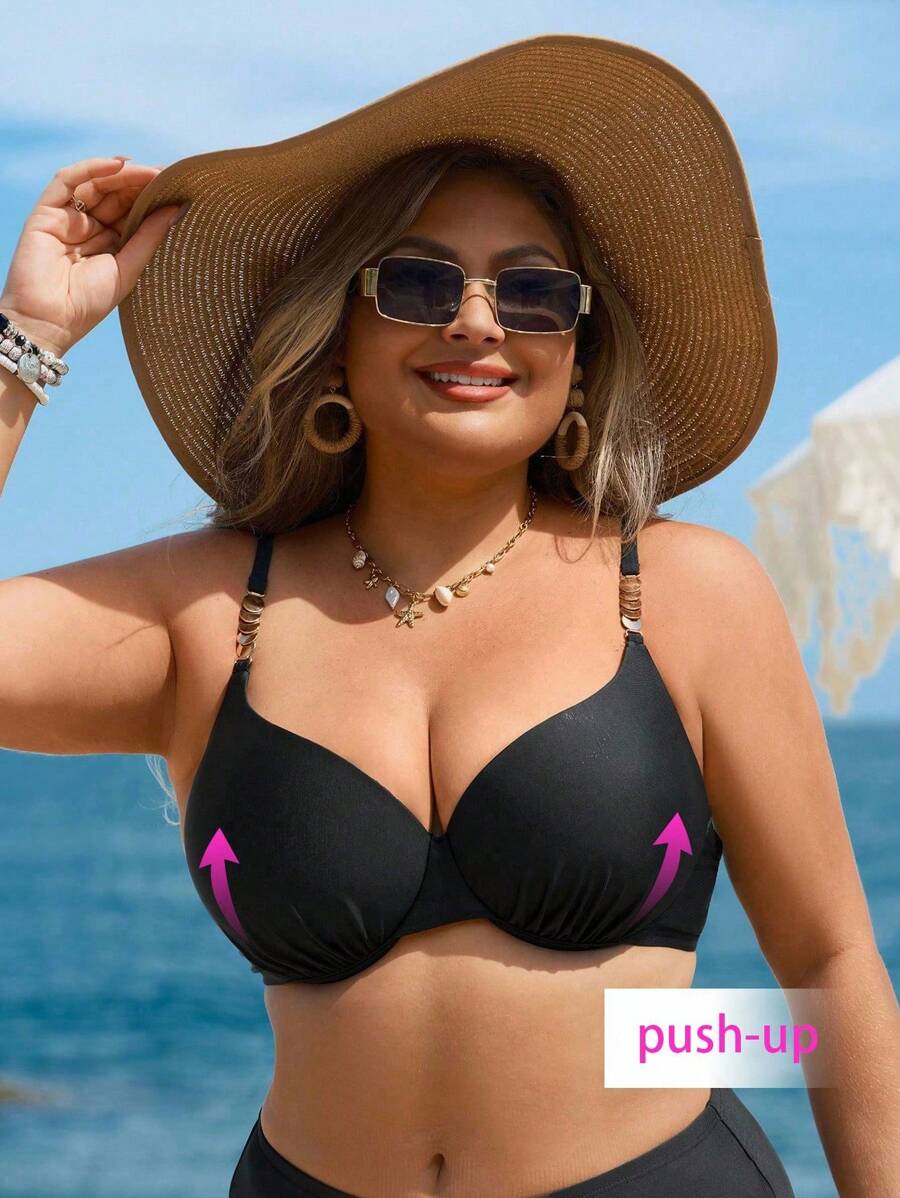 Swim Lushoire Débardeur court de grande taille pour femme avec armature et bandeau, coloris unicolore, avec fronces sous la poitrine et sangles dorées. Sexy et minimaliste, convient pour la plage et les soirées.