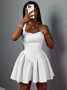 Slaydiva 2025 新款春夏大码女装复古西部/热带/音乐节/俱乐部/公路旅行//休闲/城市旅行/毕业约会/优雅度假/公主风格度假连衣裙，甜心领荷叶边下摆迷你连衣裙，搭配粉色心形褶饰 - 白色 - 查看 5