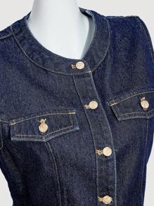 SHEIN MOD 女式休闲街头时尚翻盖细节修身无袖牛仔上衣，夏季