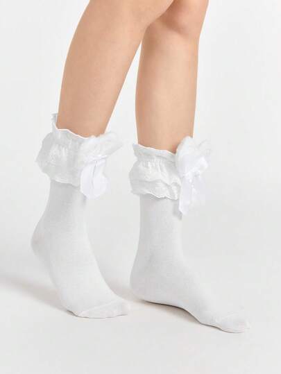Kawaii 1 Pair Cute Fluffy Rabbit Ear White Bow Decor Mid-Calf Socks, Sweet Multilayer Hollow Lace Trim Short Socks, Versatile JK School Style For Women